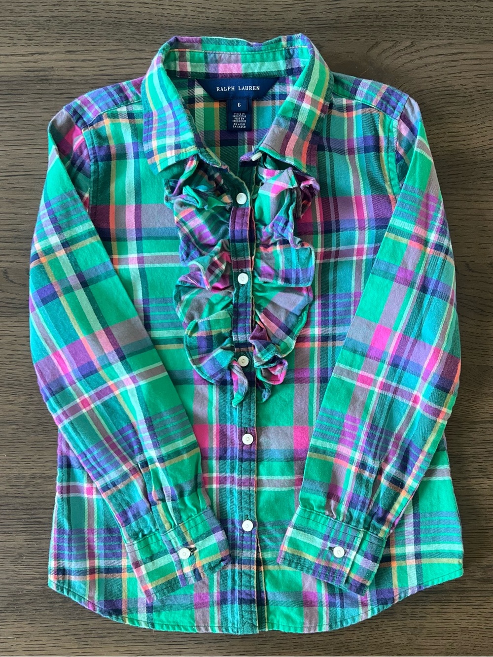 Ralph Lauren Girls' Green Pink Plaid Ruffle Button-Down Shirt